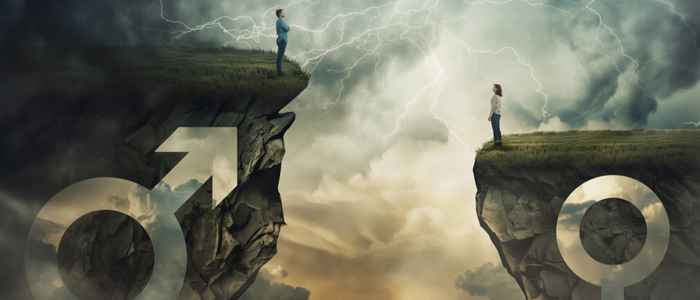 woman and man divided by a steep cliff