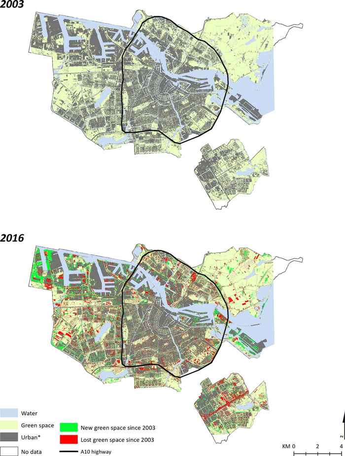Kaart toont veranderingen in landinrichting in Amsterdam tussen 2003 en 2016