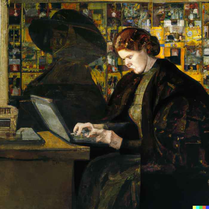 A painting of a librarian working on a laptop by Jan Toorop by DALL-E