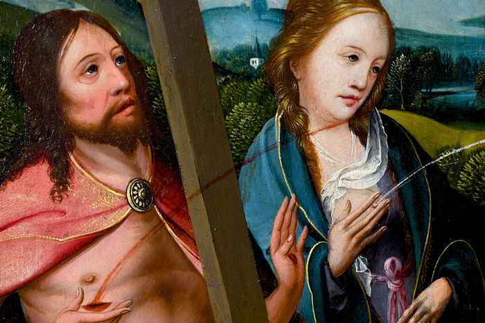 Detail van het drieluik met Jezus en Maria die bloed en melk spuiten