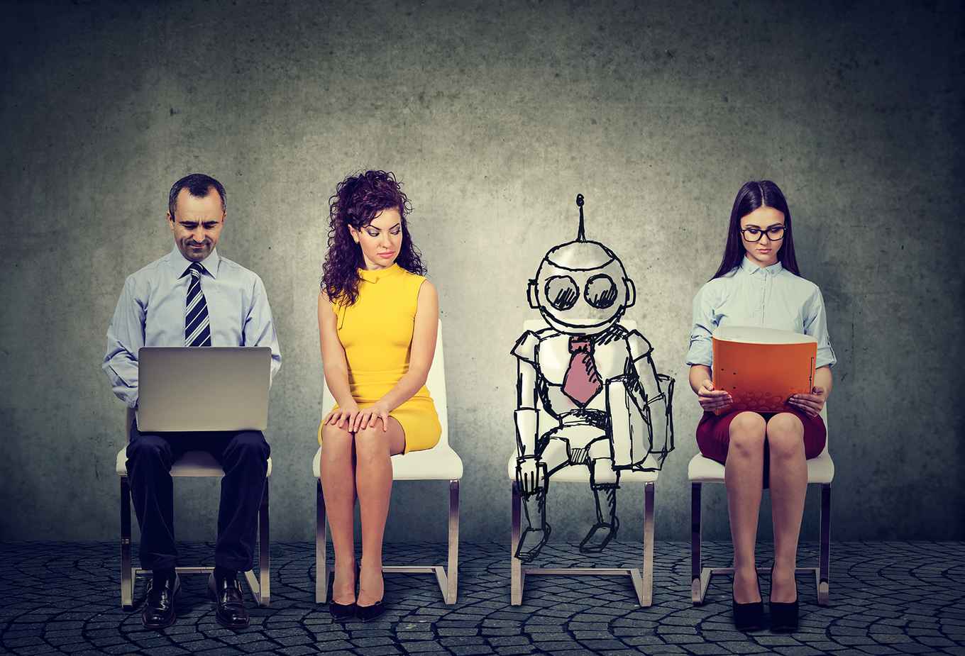 mensen wachten voor sollicitatiegesprek, samen met een robot