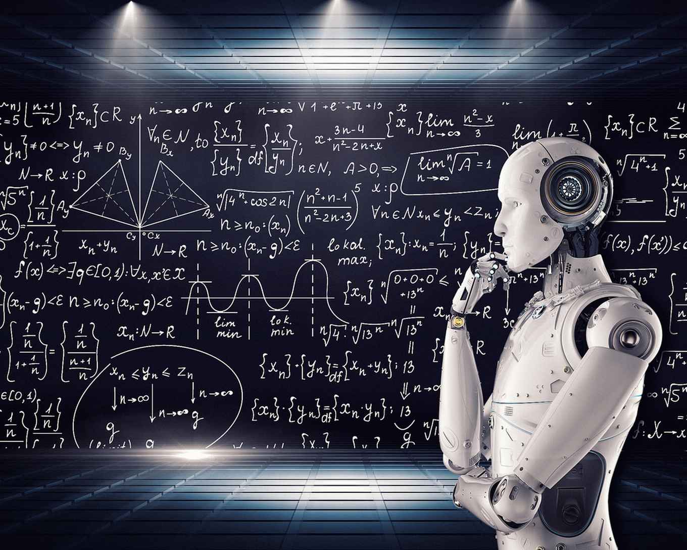 Robot thinking with mathematic formulas in the background