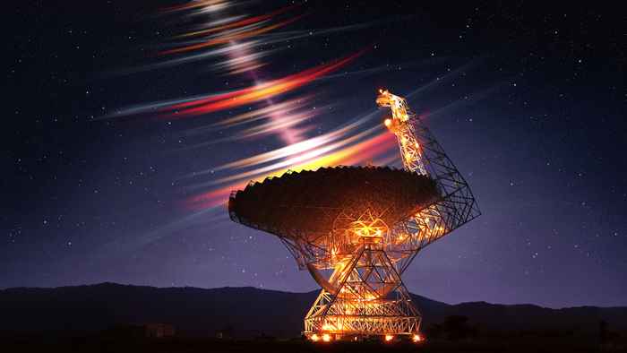 Artistieke impressie van een radiotelescoop die microradioflitsen opvangt. De radiotelescoop is een grote goudkleurige schotelantenne, met een donkerblauwe achtergrond. De radiogolven worden afgebeeld als gekleurde bogen in het rood, oranje, geel, die de radiotelescoop in lijken te vliegen.