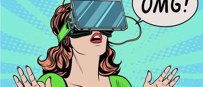 vrouw heeft VR bril op en schrikt
