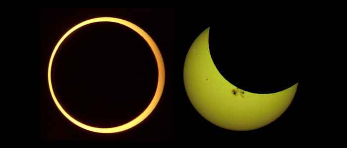 Afbeelding 1: ringvormige zonsverduistering (links) en gedeeltelijke zonsverduistering (rechts).
