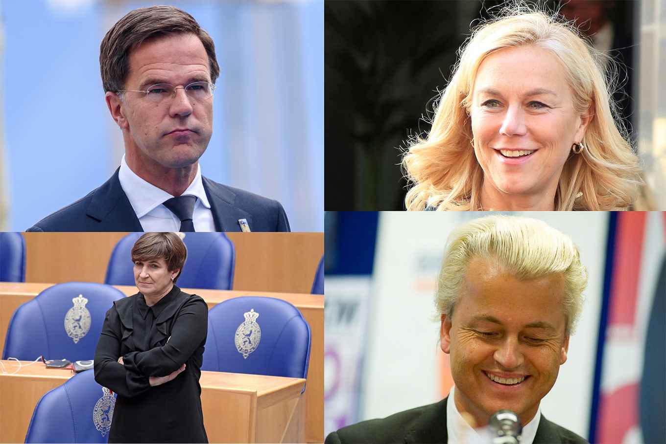 Met de klok mee: Mark Rutte (die fronst), Sigrid Kaag (die lacht), Geert Wilders (die lacht), Lilianne Ploumen (die nors kijkt)