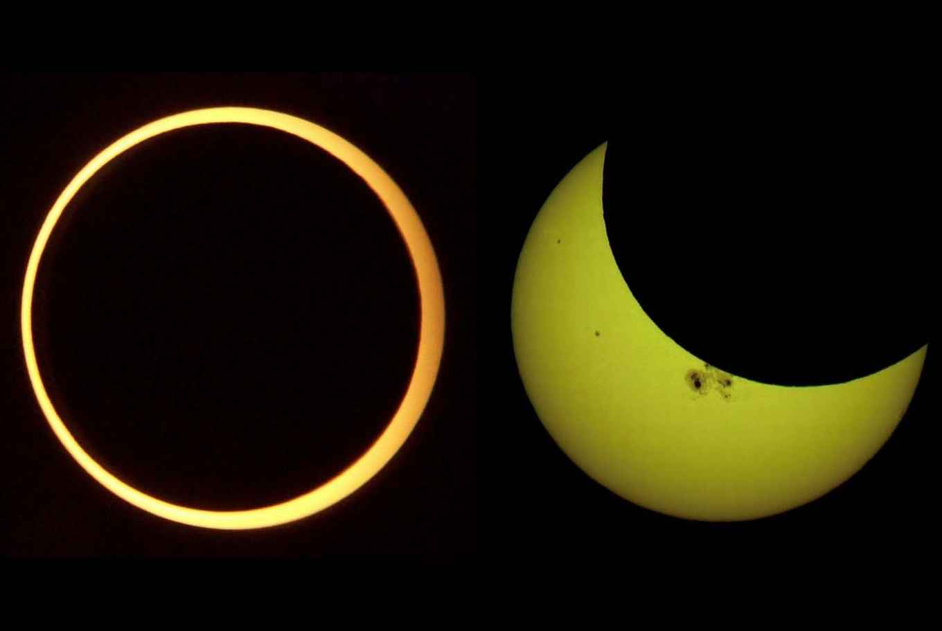 Afbeelding 1: ringvormige zonsverduistering (links) en gedeeltelijke zonsverduistering (rechts).