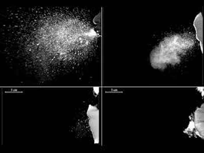 Effect mondkapjes: geen masker, rechtsboven 1 laag stof, linksonder 2 lagen stof, rechtsonder surgical mask. (Figuur uit: Face coverings and mask to minimise droplet dispersion and aerosolisation: a video case study, P Bahl et el, Thorax 75, 1024 (2020),  weergave met toestemming van de uitgever.