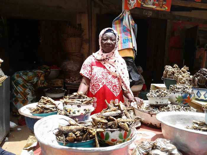 woman selling fish at a fish market in Ghana