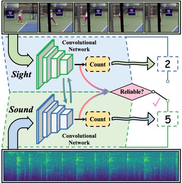Figure 1: From sight and sound, as well as their cross-modal interaction, the number of repetitions for an (unknown) activity happening in a video is predicted. There are two streams, and each stream processes each modality with a convolutional neural network. The reliability estimation module finally decides what prediction from which modality to use, according to the perceived quality of each modality.
