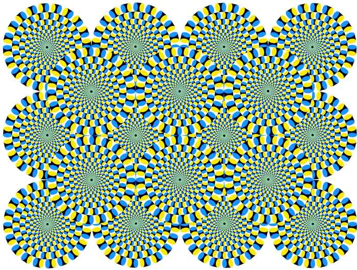 De ‘roterende slangen’-illusie van de Japanse psycholoog Akiyoshi Kitaoka. De illusie van roterende beweging is het sterkst in de periferie van je blikveld – daar waar je je blik juist niet op richt (gereproduceerd met toestemming van A. Kitaoka, Department of Psychology, Ritsuymikan University, Japan)