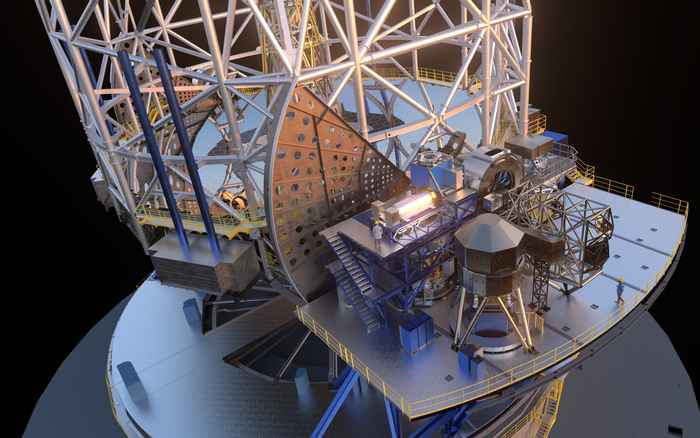 Artist's impression of ESO’s Extremely Large Telescope (ELT). It shows the telescope structure and one of the platforms for the scientific instruments. Credit: ESO/L. Calçada