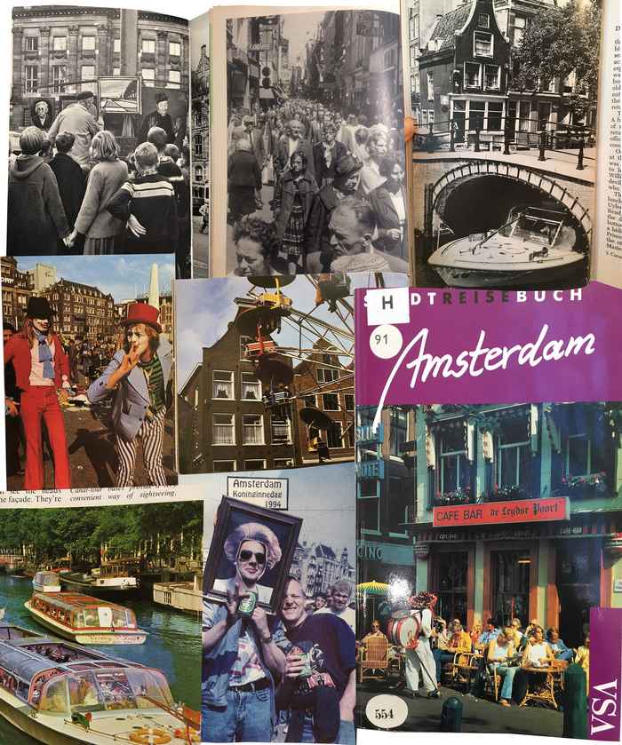 collage van reisgidsenbeelden uit: Hier is Amsterdam 1959; Amsterdam tourist and shopping information 1964; Holland 1970; Berlitz 1986; Welcome to Amsterdam 1986; Stadtreisebuch 1989). Collage Sophie van Ginneken