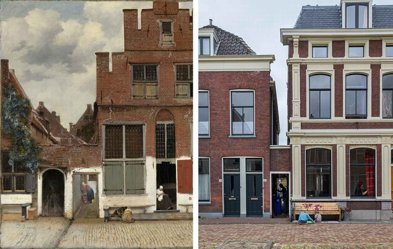 Links: Gezicht op huizen in Delft, bekend als ‘Het straatje’, Johannes Vermeer, ca. 1658 
Rechts: straatje met huidige bewoners Delft door Olivier Middendorp