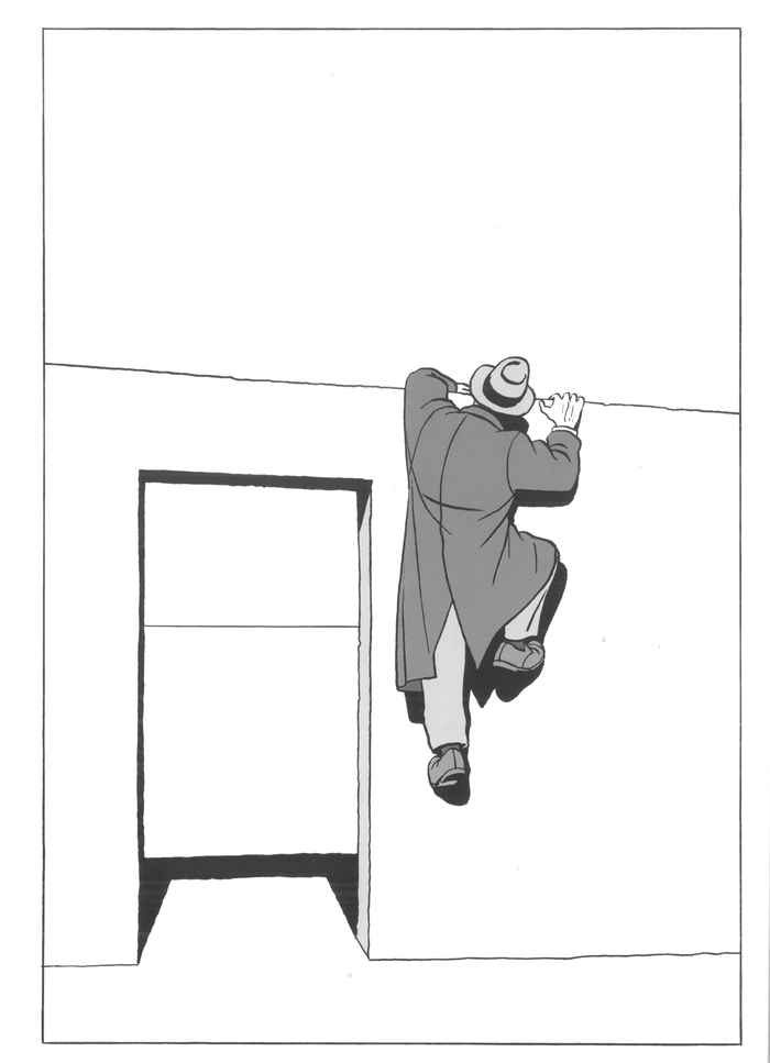 We zien hier de Reiziger op de rug een muur opklimmen, rechts van een poort