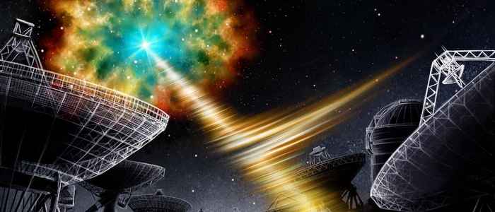 A colourful nebula at the top right corner of the image sending radio waves to earth, with radio telescopes on the earth capturing them.