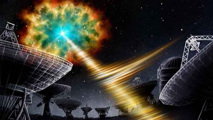 Een kleurrijke nevel in de linkerbovenhoek van de afbeelding zendt radiogolven naar de aarde, die door radiotelescopen op aarde worden opgevangen.