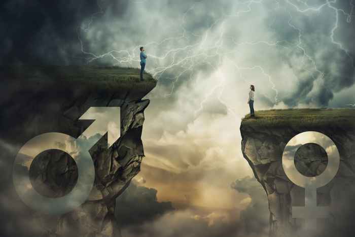 woman and man divided by a steep cliff