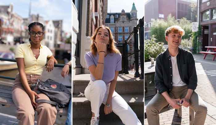 Drie portretfoto's van studenten